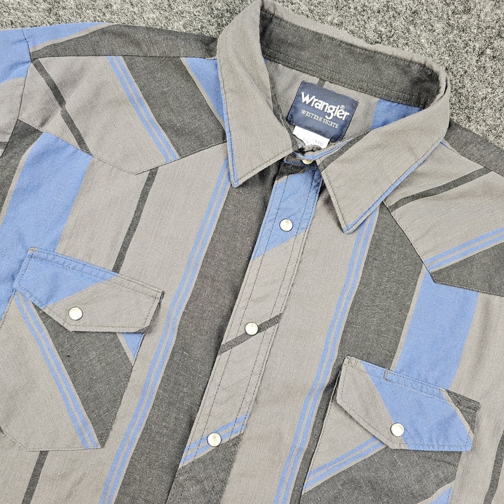 Wrangler Western Shirt Mens XXL Gray Blue Striped Pearl Snap Short Sleeve Cowboy